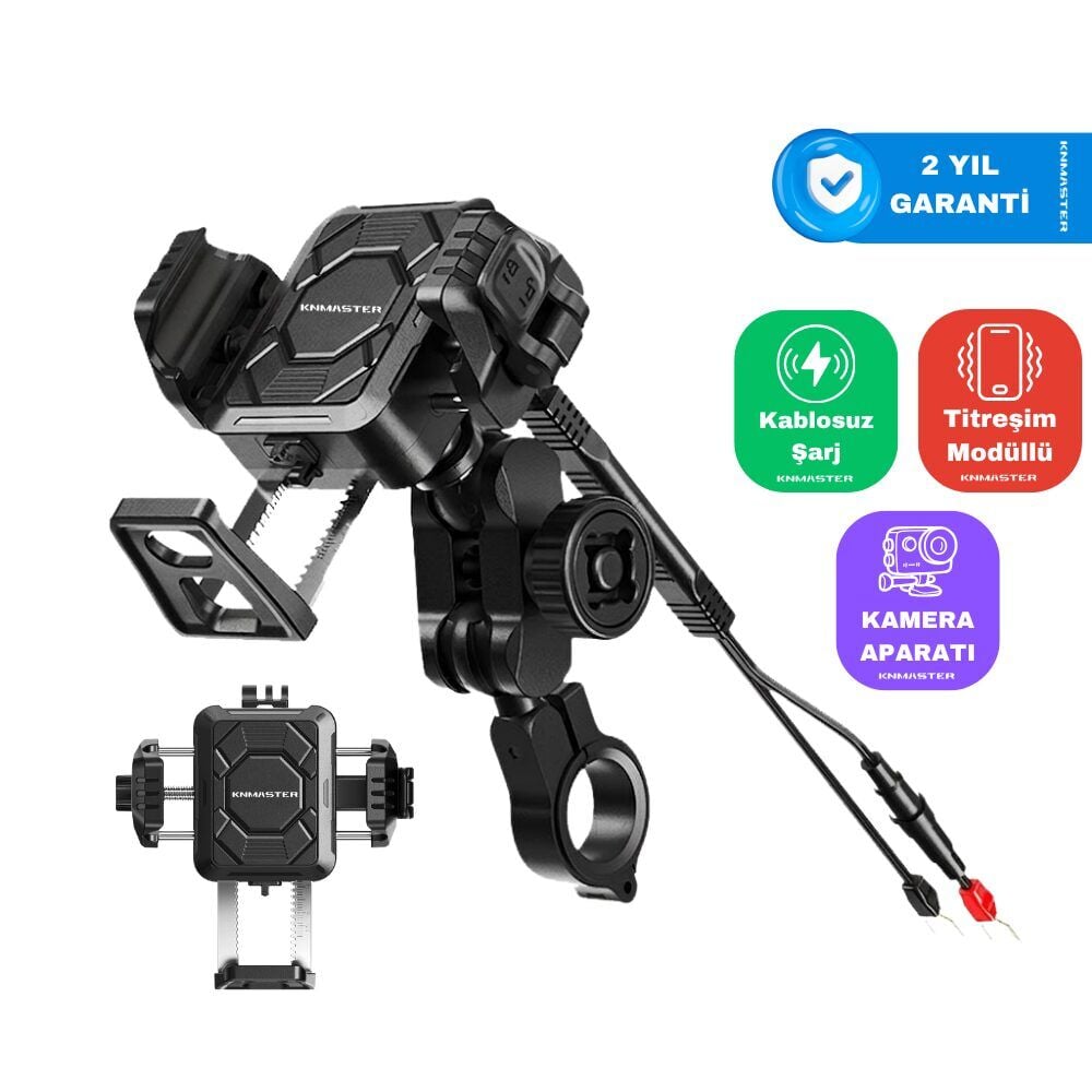 Knmaster TT-890LWC Kablosuz Şarjlı Tüm Motosikletlere Uyumlu Titreşim Modüllü Telefon Tutucu