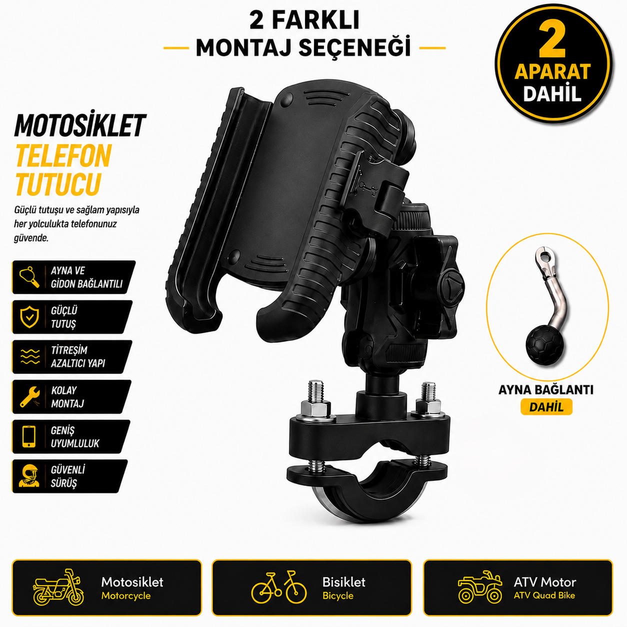 Titreşim Önleyicili Motosiklet Telefon Tutucu ( Ayna + Gidon Bağlantı)