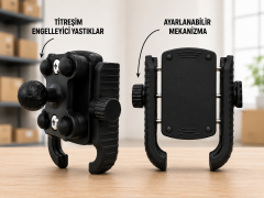 Titreşim Önleyicili Motosiklet Telefon Tutucu ( Ayna + Gidon Bağlantı)